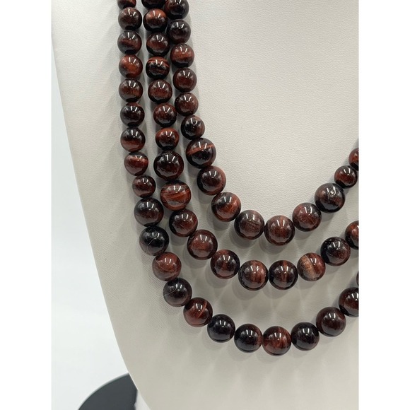 Red Tigers Eye Triple Strand Layered Sterling Silver Necklace New - Picture 3 of 16